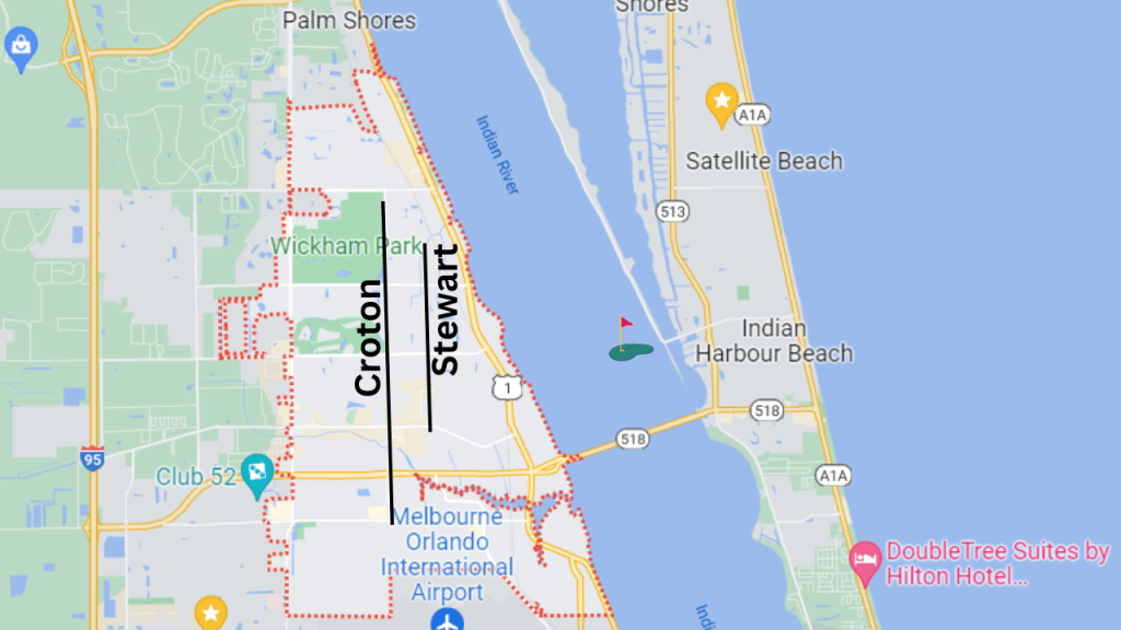 map view of the north/south roadways that are not US1 or Wickham