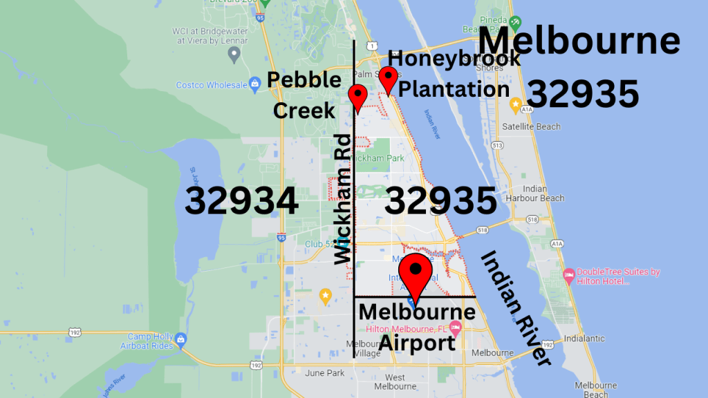 google map view of the 32935 zip conde