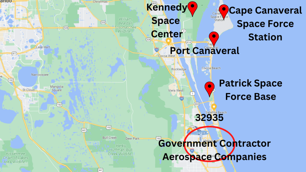 map view showing location of the Melbourne Airport, Patrick Space Force Base, Port Canaveral, and the Space Center.