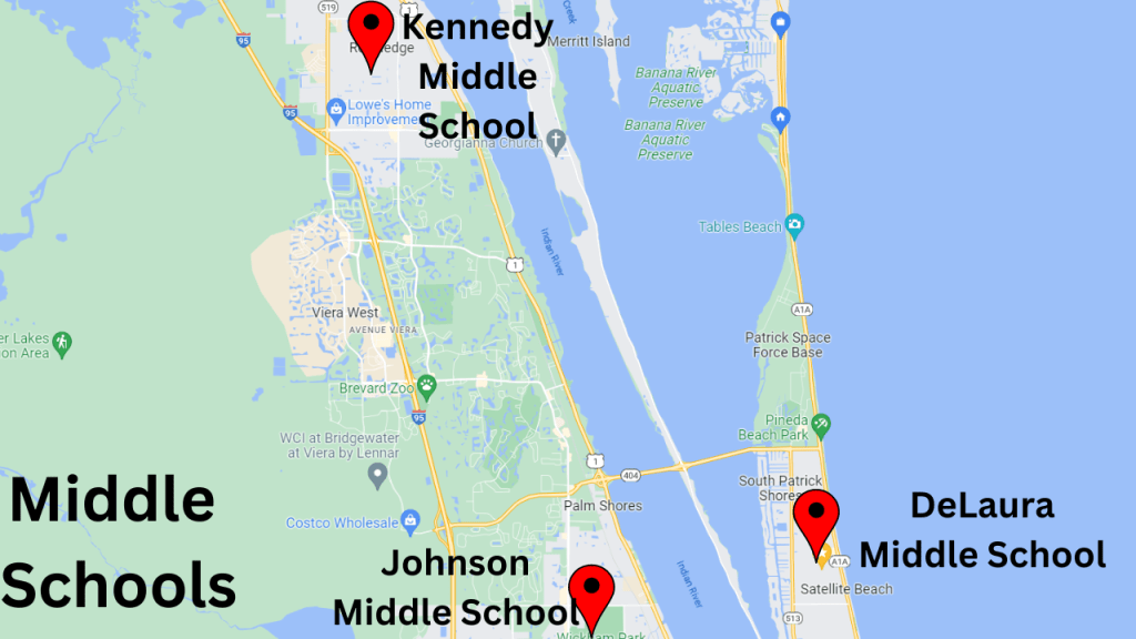 Map view showing the middle schools for the 32940