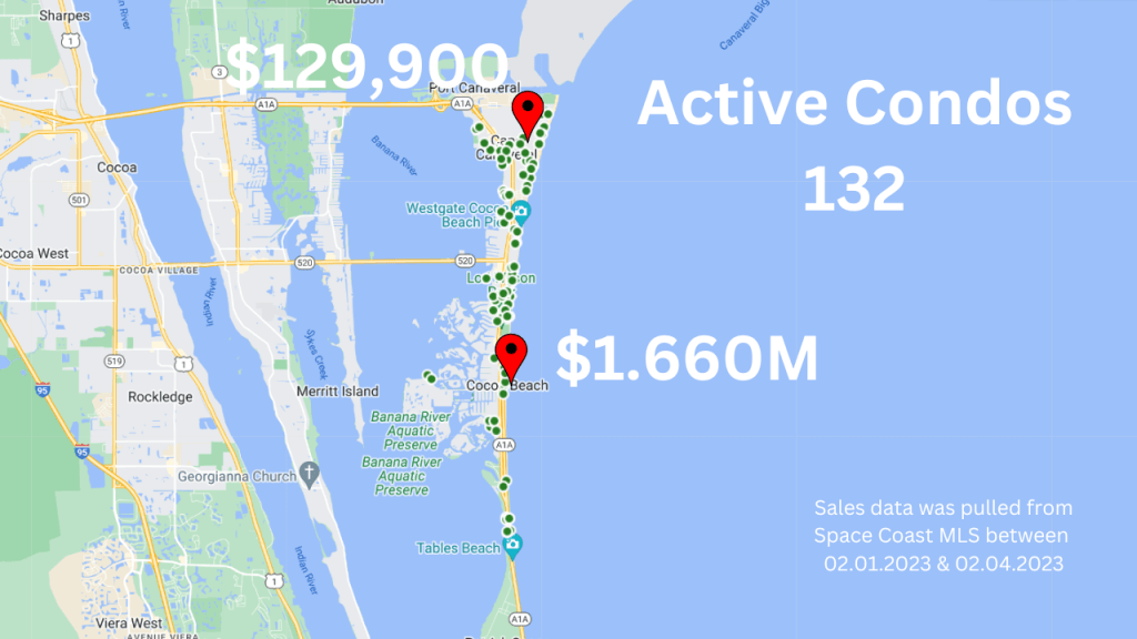 Map view of the active condos in Cocoa Beach Florida
