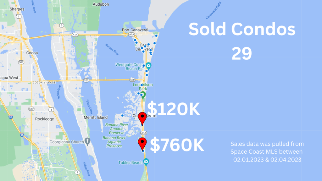 Map view shoing the sold condos in Cocoa Beach Florida