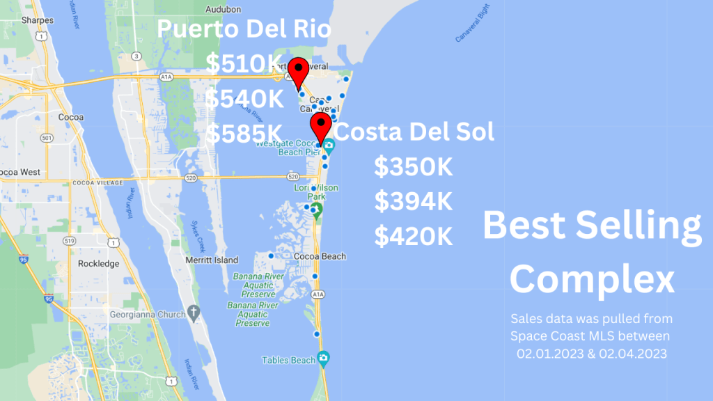 Map view showing the best selling condo complex January 2023 in Cocoa Beach & Cape Canaveral. Puerto Del Rio and Costa Del Sol