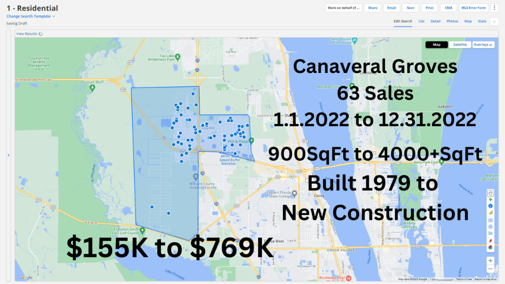 map view showing the sales in the canaveral groves area.