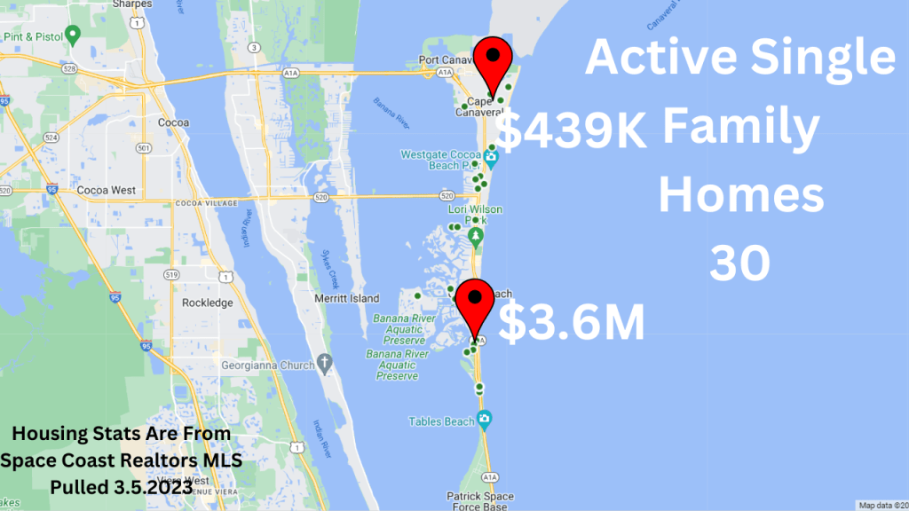 map view showing the active homes in Cocoa Beach and Cape Canaveral