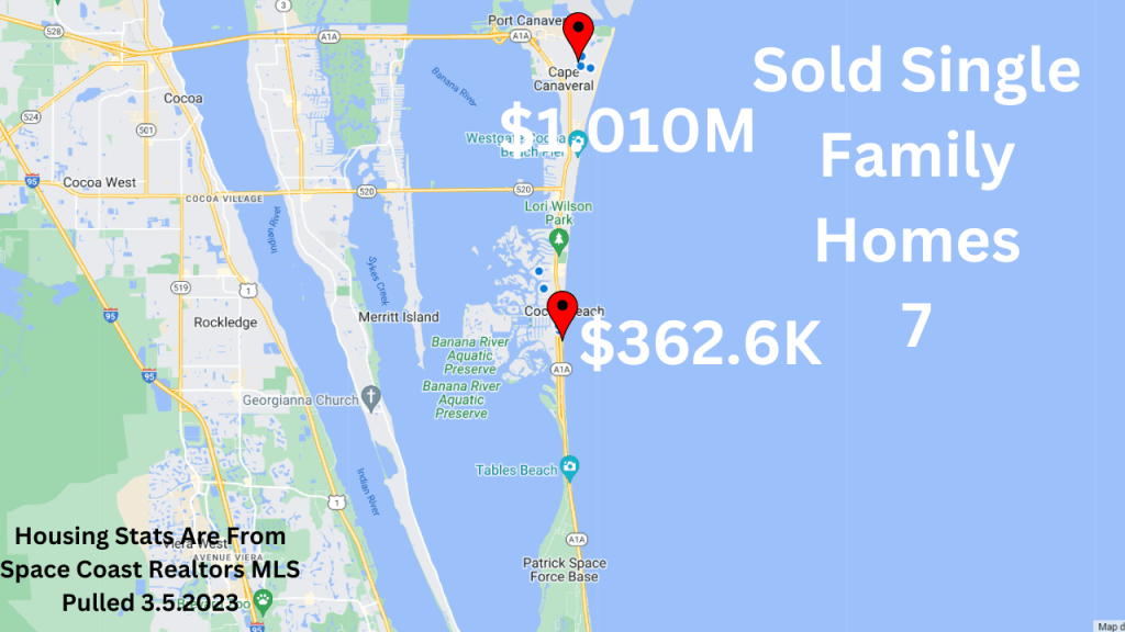 map view showing the sold homes in Cocoa Beach and Cape Canaveral