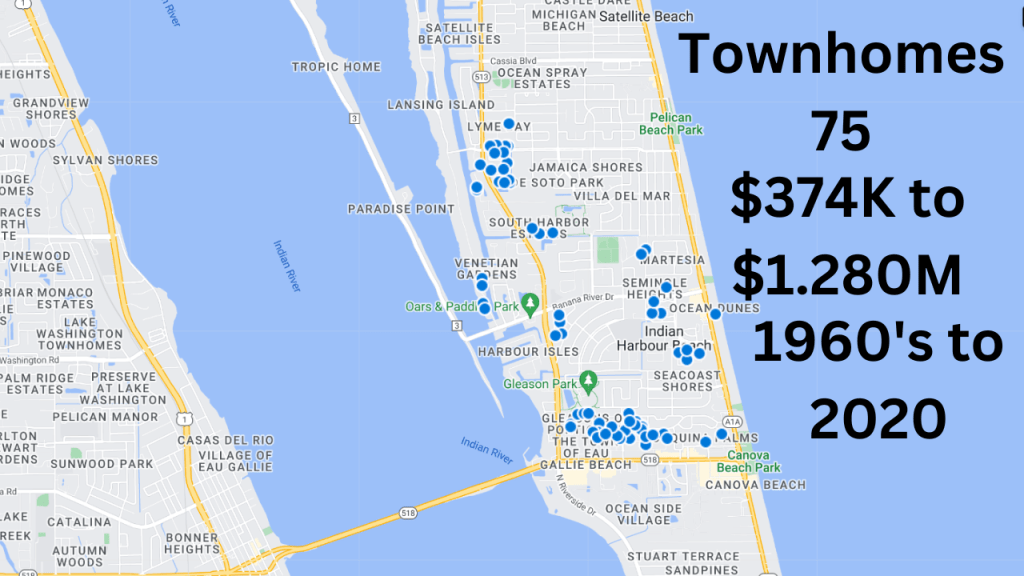 map view showing townhome sales for 2022 in Indian Harbour Beach