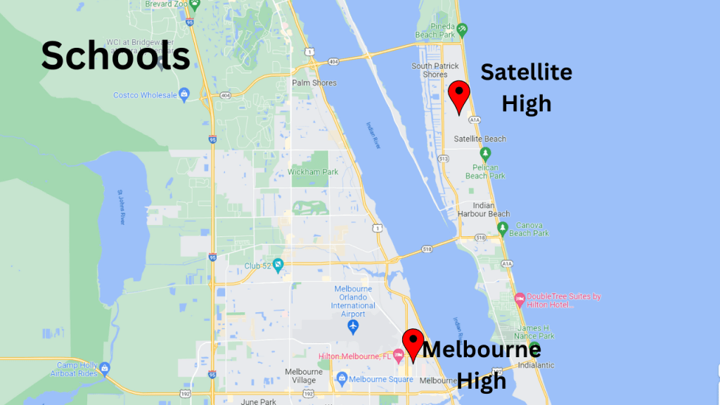 Map view showing the high schools for Indian Harbour Beach