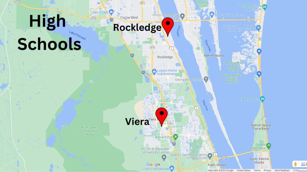 map view of the high schools for Rockledge