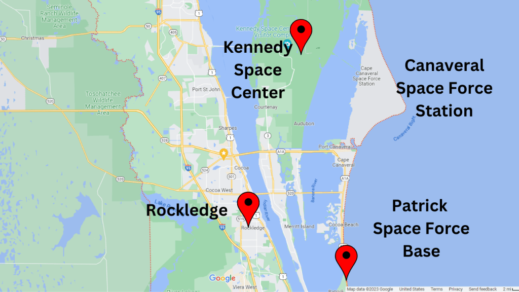 map view showing proximity of Rockledge to the Space Center, Cape Canaveral Space Force Station, and Patrick Space Force Base