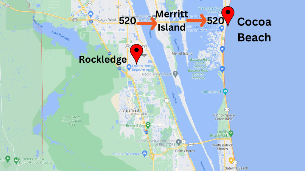 map view showing distance to Cocoa Beach