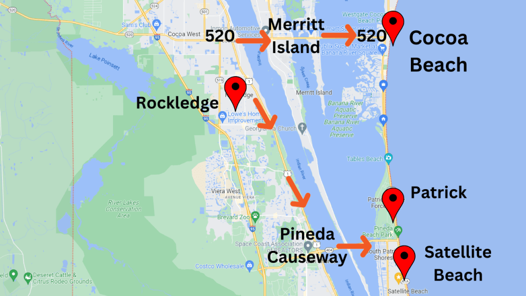map view showing distance to Satellite Beach