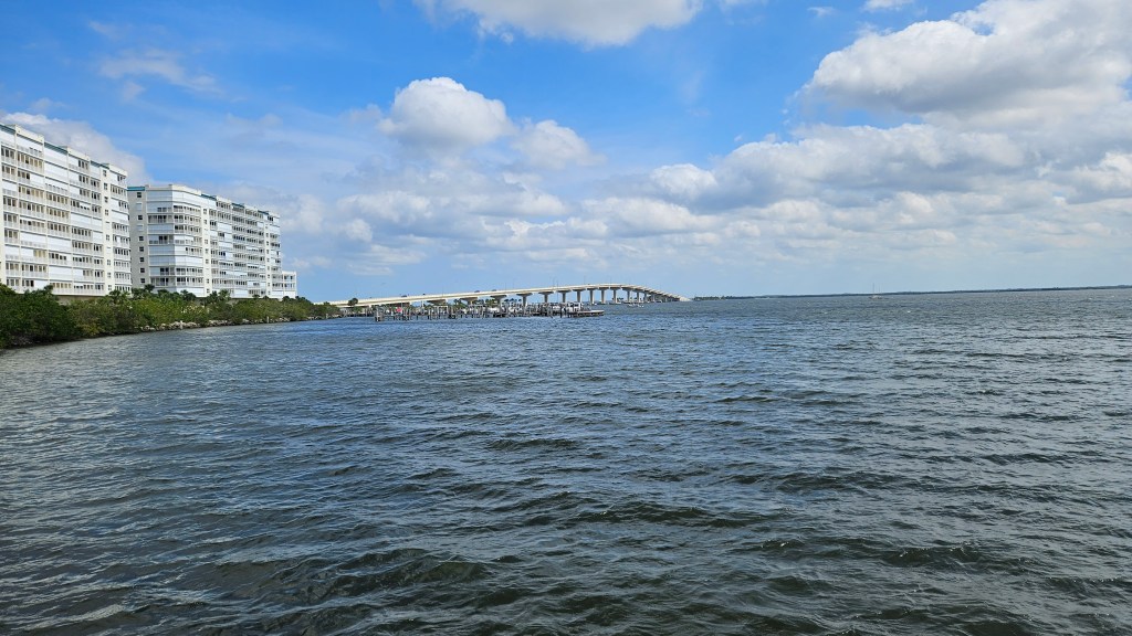 The Max Brewer Bridge is in the distance over the Indian River as seen from Space View Park in Titusville.