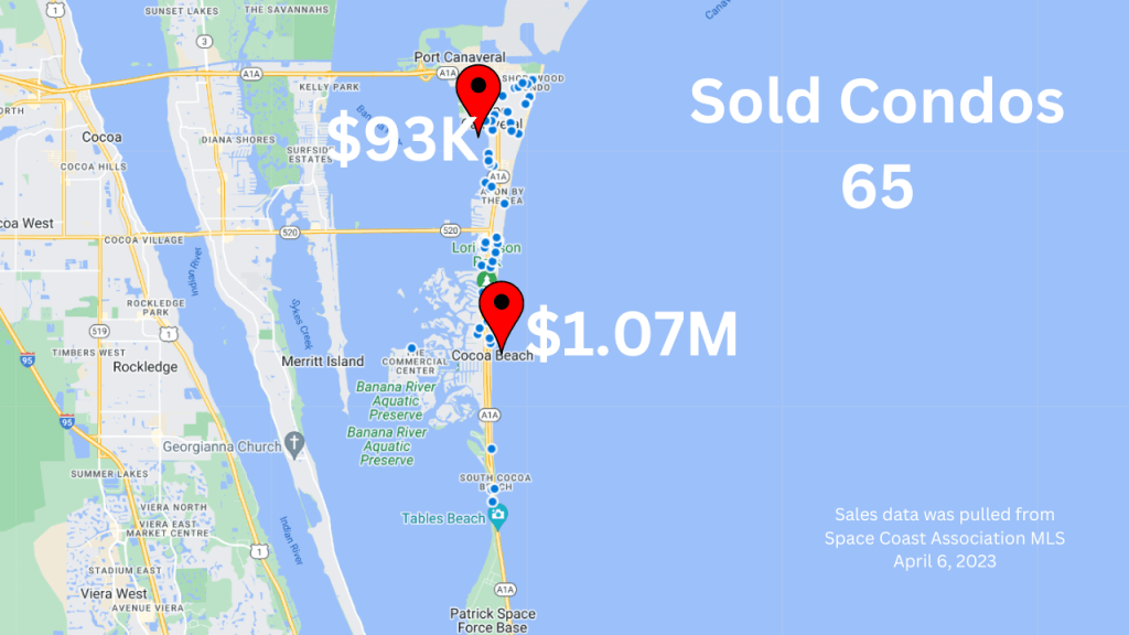 map view of Cocoa Beach and Cape Canaveral Florida showing the sold condos for March 2023