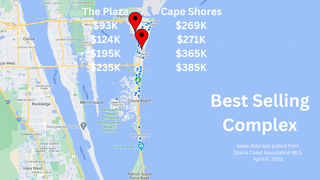 map view of Cocoa Beach and Cape Canaveral showing the best selling condo complex for March 2023