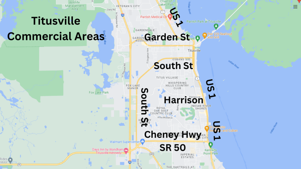 map view of Titusville showing the main areas of commercial space in Titusville.