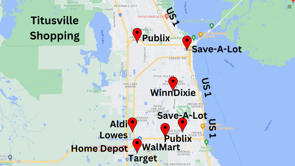 Map view of Titusville showing where the grocery stores are at.