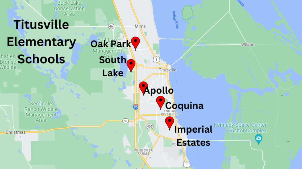map view showing the elementary schools for Titusville