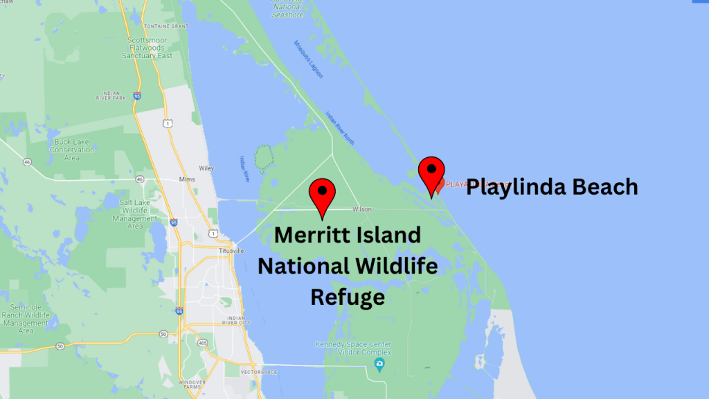 Map view showing the proximity of Titusville to the Merritt Island National Wildlife Refuge & Playlinda Beach