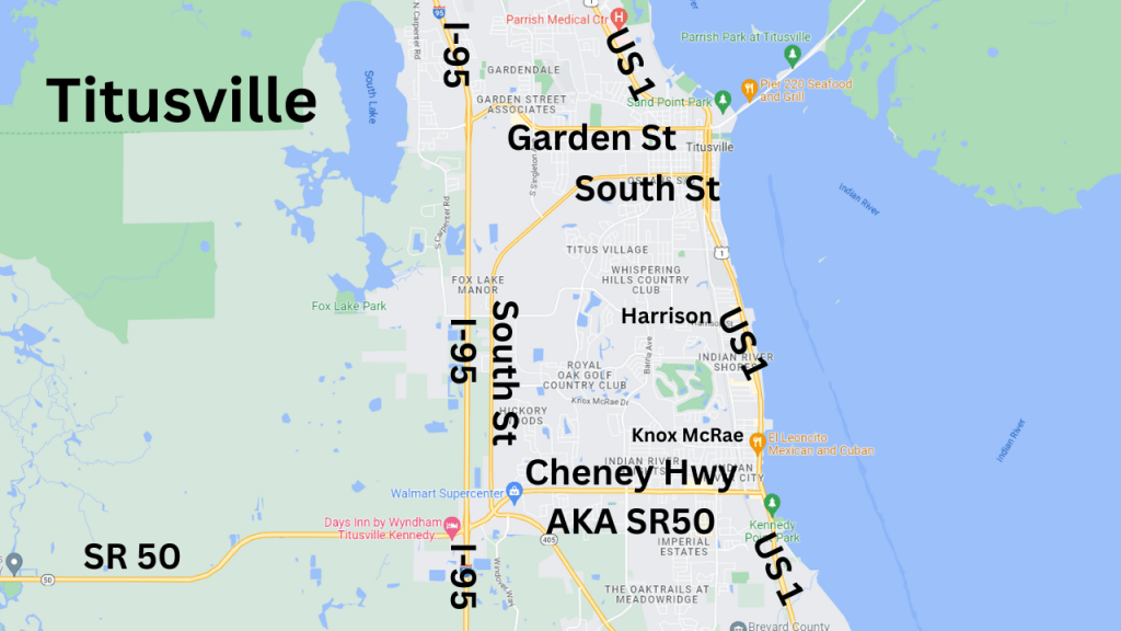 map view of Titusville showing the major throughofares in the city.