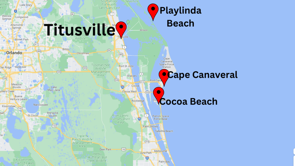 Map view showing the proximity to the closest beaches to Titusville.