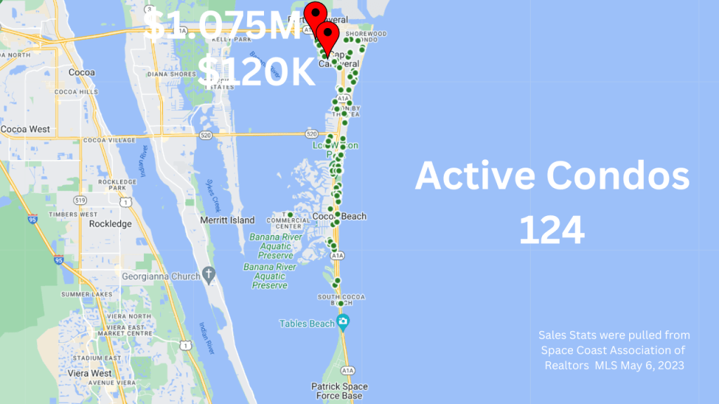 map view of cocoa beach and cape canaveral florida with text overlay showing the active condos for sale April 2023