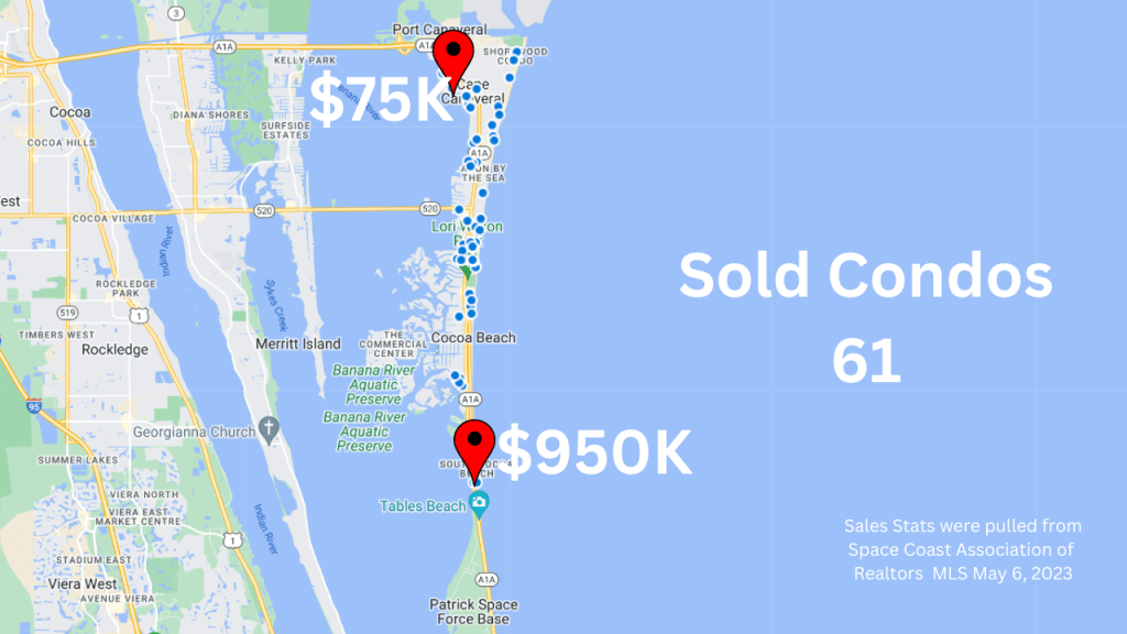 map view of cocoa beach and cape canaveral florida with text overlay showing the sold condos for sale April 2023