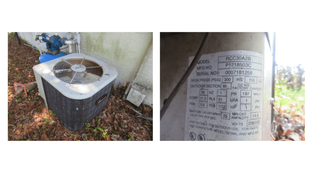 Photos from an inspection report showing an older AC unit. This could make obtaining insurance difficult