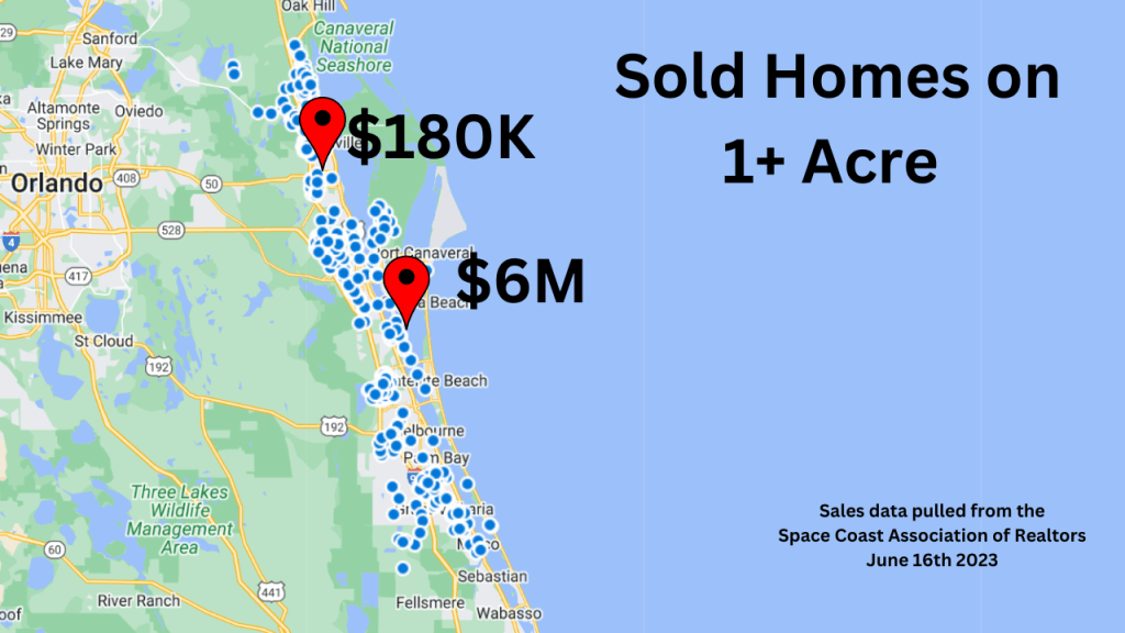 Map showing the single family home sales that were on at least an acre in Brevard County from May 1, 2022 to April 20 2023.