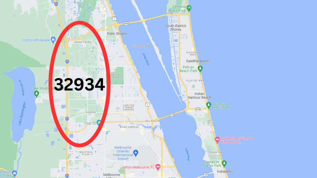 Map view showing the 32934 zip code of Melbourne Florida. Great location for 1+ acre homes that are near ammenities.