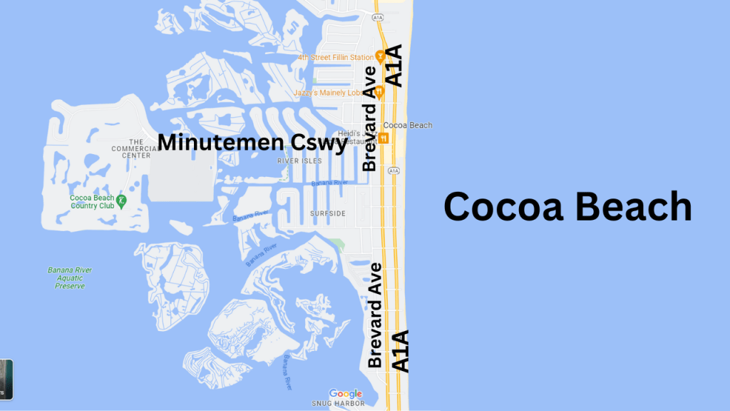 Map view of central Cocoa Beach showing Brevard Ave that runs parallel to A1A