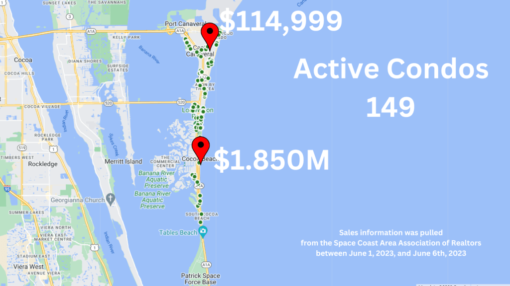 Map view showing the active condos in the Cocoa Beach and Cape Canaveral area of Florida