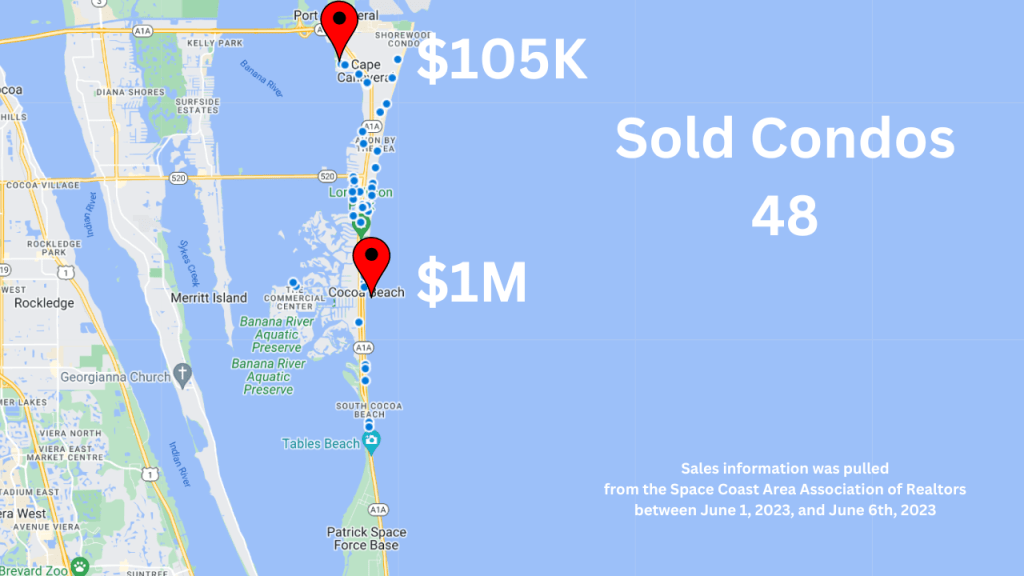 Map view showing the sold condos in May 2023 for Cocoa Beach and Cape Canaveral Florida