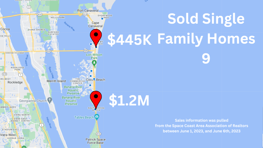 Map view showing the sold homes in Cocoa Beach and Cape Canaveral area of Florida for May 2023