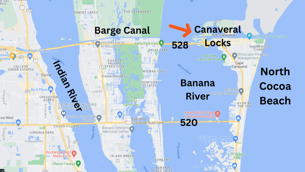 Map view showing Cocoa Beach, the Barge Canal, the Indian River, and the Canaveral Locks.