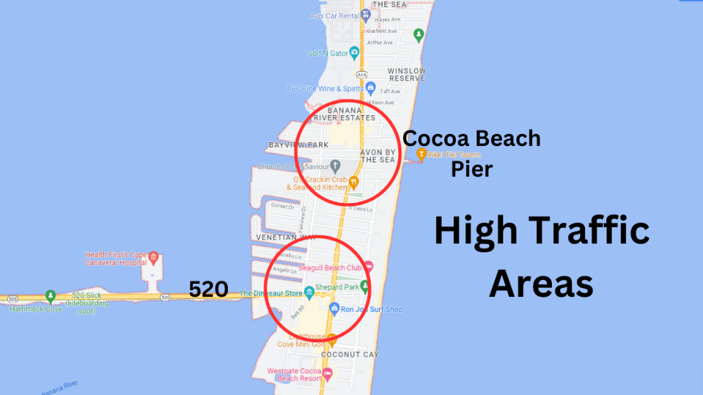 map view showing where the traffic backs up on nice beach days.