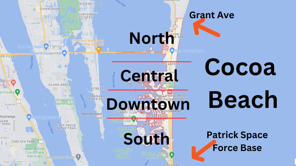 Map view of Cocoa Beach showing the north, central, downtown, and south areas of Cocoa Beach Florida
