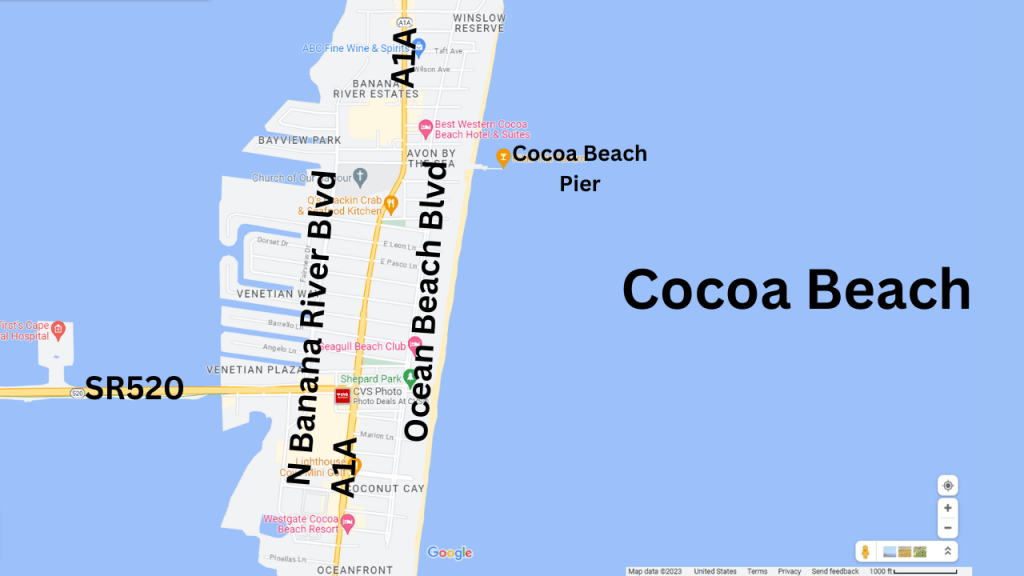 Map view of north Cocoa Beach that shows the major roadways. These are A1A, ocean beach blvd, N banana river blvd, and SR520