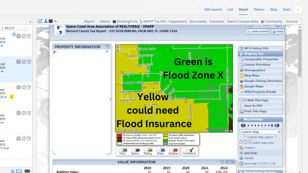 Screenshot from the MLS showing part of Deer Run is in Flood Zone X with a section that could be in a flood zone