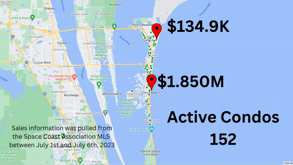 Map view showig the active condos in the Cocoa Beach area