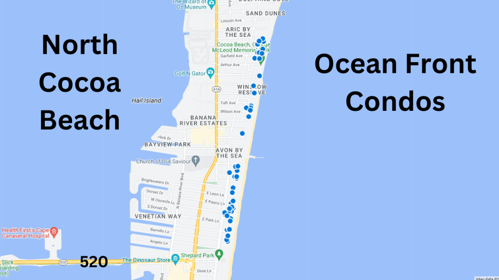 Map view showing the ocean front condos along Ocean Beach Blvd