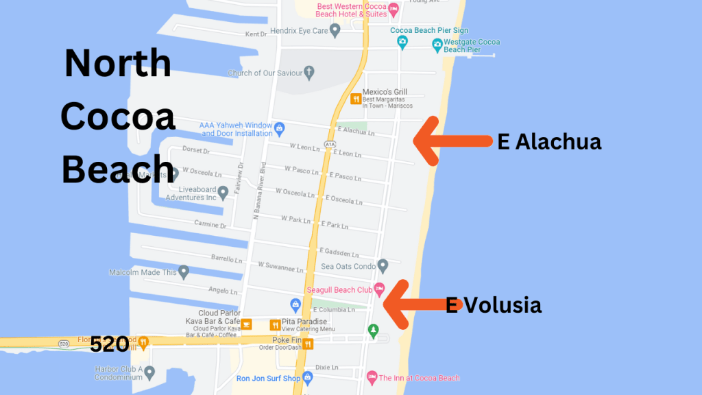 Map view showing where quite a few airbnb's are located in this section of north Cocoa Beach