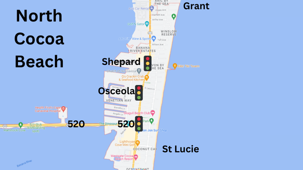 The 3 lights that offer crosswalks in north Cocoa Beach are Shepard Dr, Oscola, and 520.