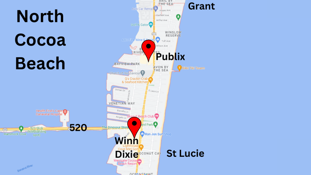 Map view showing the grocery stores in north Cocoa Beach. There is a Publix and WinnDixie