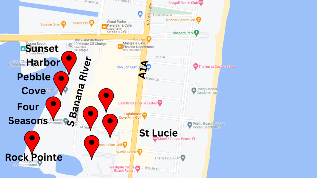 Map view showing just south of 520 along S Banana River Blvd and the condos in this area.