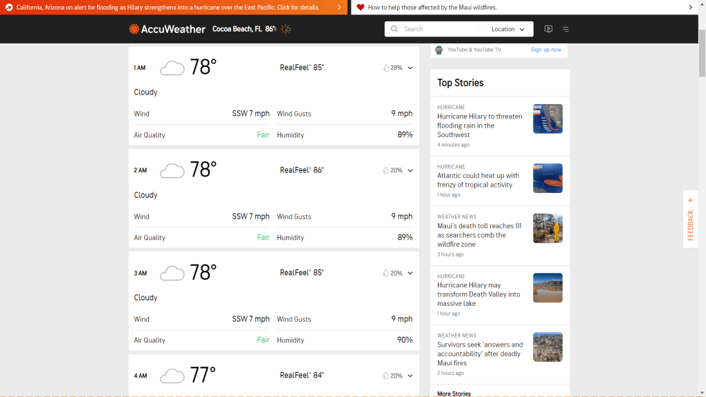 Screenshot from AccuWeather.com of the overnight temperature during August in Cocoa Beach.