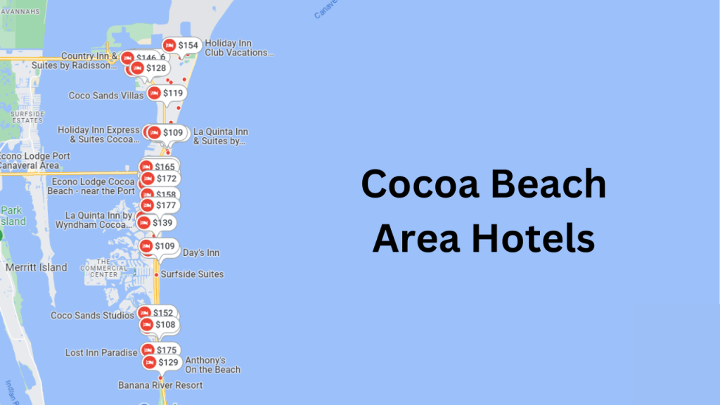 map view showing the hotels and short term rentals in Cocoa Beach