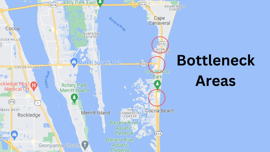 Map view of Cocoa Beach showing the areas traffic backs up