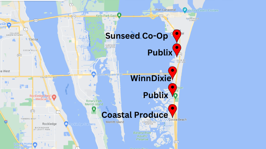 map view showing shopping options in Cocoa Beach