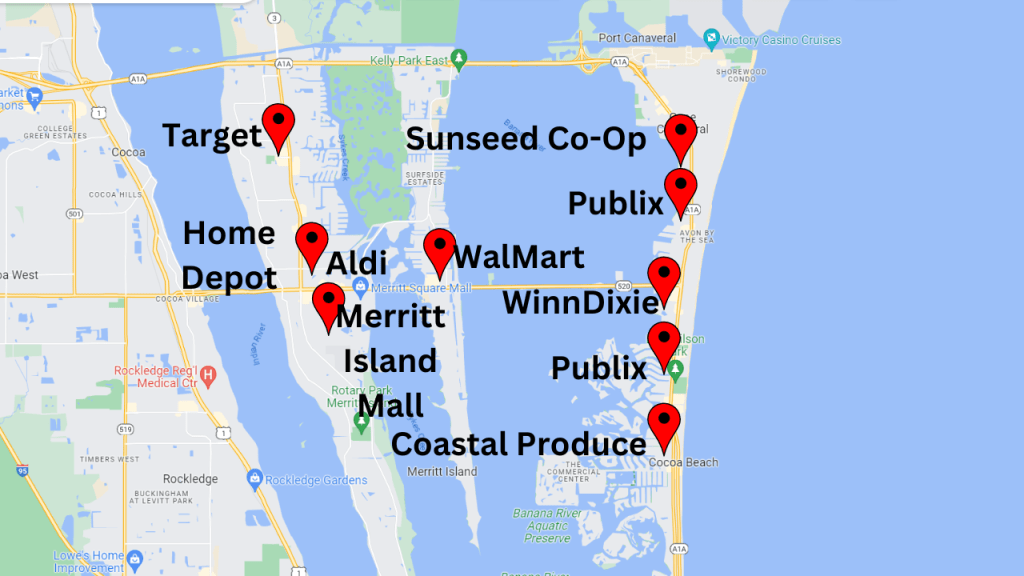 Map View showing location of shopping options in Merritt Island